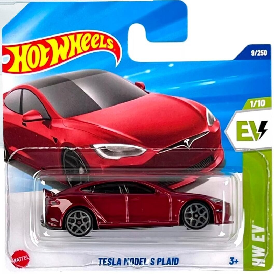 SMASHED CARD!!!   Hot Wheels Mainline Tesla Model S Plaid Red Short Card