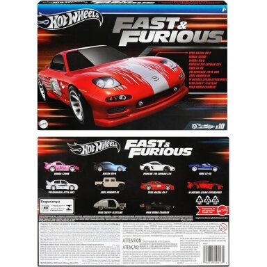 Hot Wheels Fast and Furious 10 Car Pack (Honda S2000,Mazda RX-8,Porsche Cayman GT4,Ford GT-40,Jetta MK3,RX-7,Lykan Hypersport,Dodge Charge)