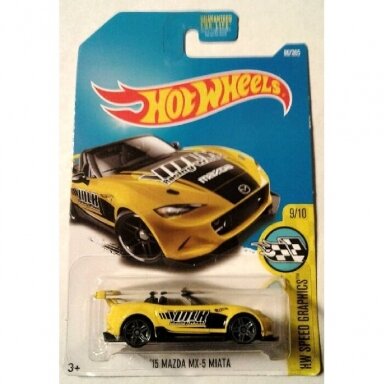 Hot Wheels Mainline 15 Mazda MX-5 Miata Yellow Speed Graphics Long Card