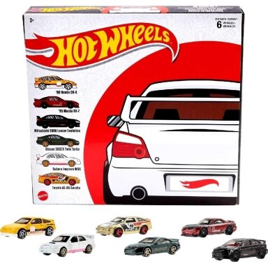 Hot Wheels Mainline Japanese Multipack of 6 (Honda CR-X,Mazda RX-7,Mitsubishi Lancer EVO,Nissan 300zx,Subaru Impreza WRX,Toyota AE86 Corolla)