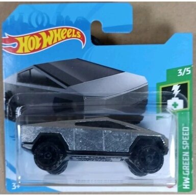 BROKEN BLISTER!!!!    Hot Wheels Mainline Tesla Cybertruck Silver HW Green Speed Short Card