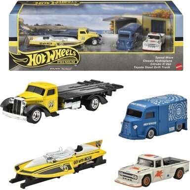 Hot Wheels Premium Diorama Motorhead Madness (Speed Waze,Hydroplane,Citroen Van,Toyota Stout Drift truck)