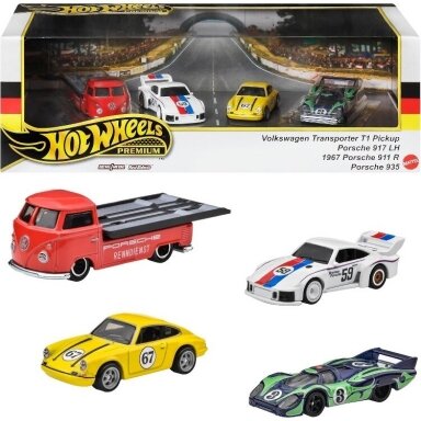 Hot Wheels Premium Diorama Porsche 917 LH, Volkswagen Transporter T1 Pickup, Porsche 935, 1967 Porsche 911 R