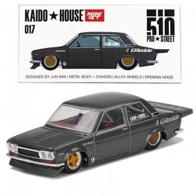 Mini GT Kaido House Kaido House Datsun 510 Pro Street *Greddy*, gun metal grey (without factory film) Mini GT Kaido House Kaido House Datsun 510 Pro Street *Greddy*, gun metal grey (without factory film)