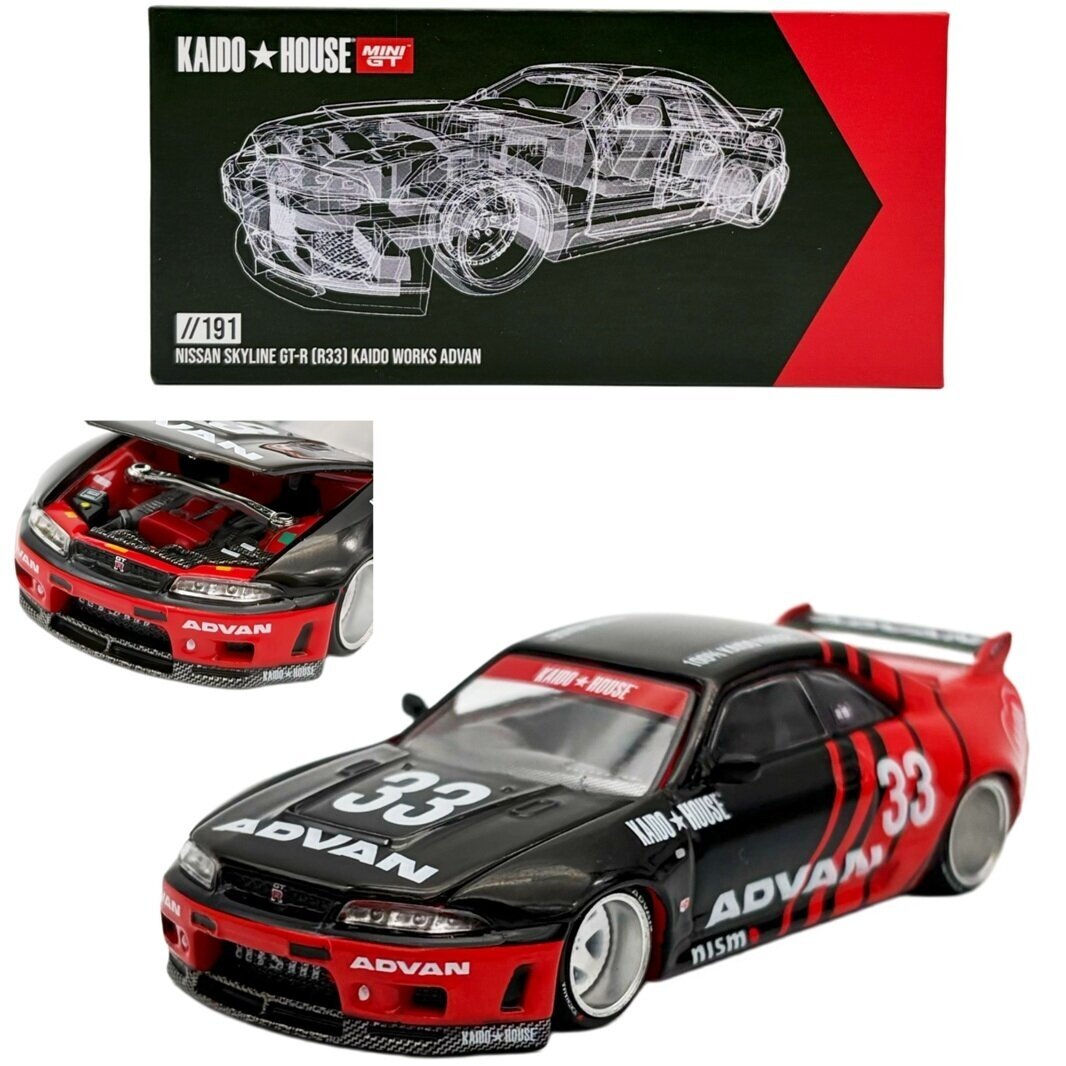 Mini GT Kaido House 1/64 Nissan Skyline GT-R (R33) Kaido Works *ADVAN*, red/black