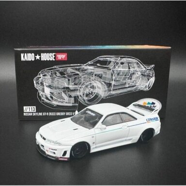 Mini GT Modeliukas 1995 Kaido House Nissan Skyline GT-R (R33) *Greddy*, white (yra Sandėlyje) Mini GT Modeliukas 1995 Kaido House Nissan Skyline GT-R (R33) *Greddy*, white (yra Sandėlyje)