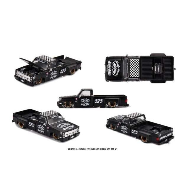 MINI GT Kaido House Modeliukas 1/64 Chevrolet Silverado Dually Hot Rod V1, black/white (yra Sandėlyje)