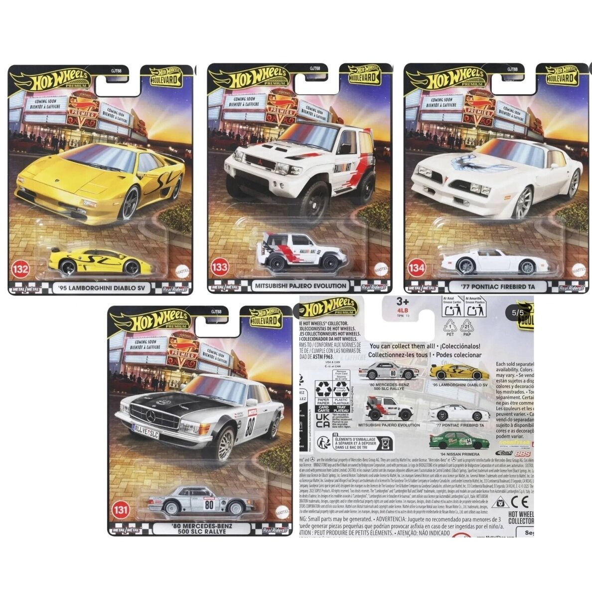 Hot Wheels Boulevard 2025 Modeliukas (Lamborghini Dablo,Mitsubishi Pajero,Nissan Primera,Pontiac Firebird,Mercedes Benz 500 SLC)