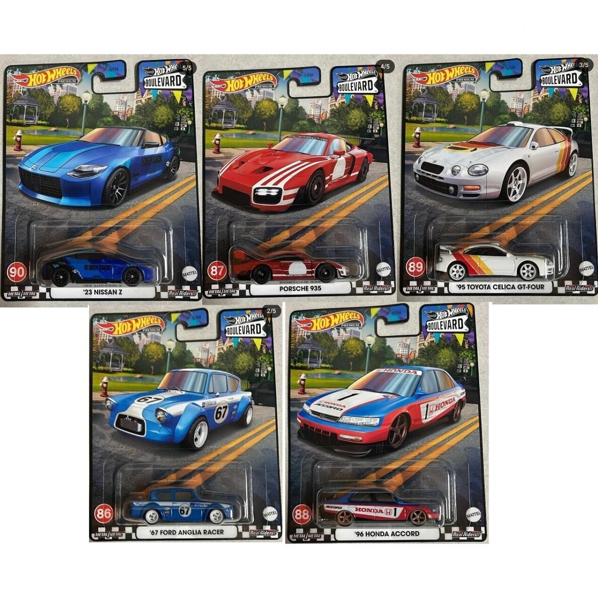 Hot Wheels Premium Modeliukas Boulevard series Honda Accord,1962 Ford Anglia Porsche 935, Toyota Celica GT, 2023 Nissan Z (979T) Hot Wheels Premium Modeliukas Boulevard series Honda Accord,1962 Ford Anglia Porsche 935, Toyota Celica GT, 2023 Nissan Z (979T)