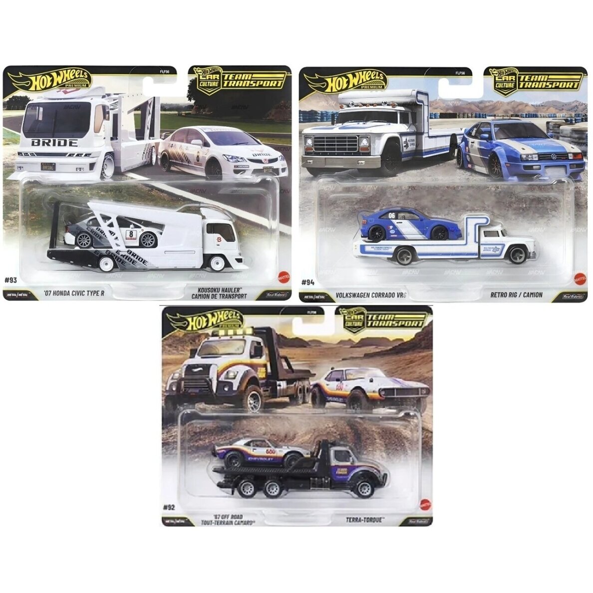 PRE-ORDER Hot Wheels Premium Team Transport Set (1967 Off Road Camaro + Off road Murica Flat Bed,Honda Civic Type-R FD2 + Kousoku hauler,Volkswagen Corrado VR6 + Retro Rig)