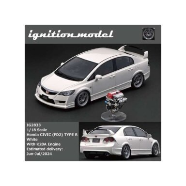 PRE-ORD3R Ignition Modeliukas 1/18 Honda Civic (FD2) Type R with K20A engine, white PRE-ORD3R Ignition Modeliukas 1/18 Honda Civic (FD2) Type R with K20A engine, white