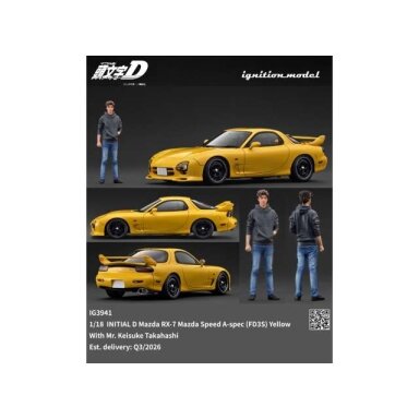 PRE-ORD3R Ignition Modeliukas 1/18 Initial D Mazda RX-7 Mazda Speed A-spec (FD3S) with Mr. Keisuke Takahashi, yellow PRE-ORD3R Ignition Modeliukas 1/18 Initial D Mazda RX-7 Mazda Speed A-spec (FD3S) with Mr. Keisuke Takahashi, yellow