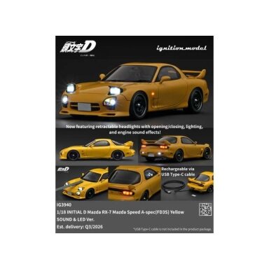 PRE-ORD3R Ignition Modeliukas 1/18 Initial D Mazda RX-7 Mazda Speed A-spec (FD3S) with sound and LED, yellow PRE-ORD3R Ignition Modeliukas 1/18 Initial D Mazda RX-7 Mazda Speed A-spec (FD3S) with sound and LED, yellow