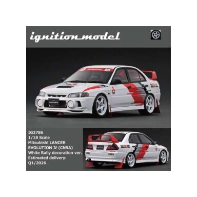 PRE-ORD3R Ignition Modeliukas 1/18 Mitsubishi Lancer Evolution IV (CN9A),
white rally decoration version PRE-ORD3R Ignition Modeliukas 1/18 Mitsubishi Lancer Evolution IV (CN9A),
white rally decoration version