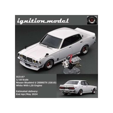 PRE-ORD3R Ignition Modeliukas 1/18 Nissan Bluebird U 2000GTX (G610) with L20 engine, white PRE-ORD3R Ignition Modeliukas 1/18 Nissan Bluebird U 2000GTX (G610) with L20 engine, white
