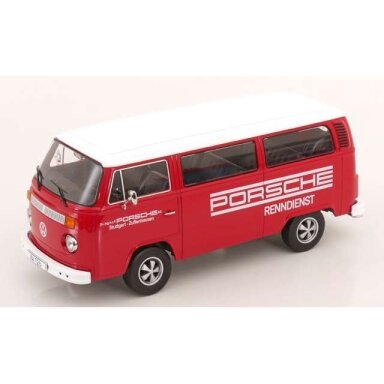 PRE-ORD3R KK - Scale 1/18 1972 Volkswagen T2b Bus Porsche Renndienst with Fuchs Rims, red/white