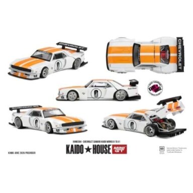 PRE-ORD3R MINI GT Kaido House Modeliukas 1/64 1979 Chevrolet Camaro Kaido Works TA V1, white/orange