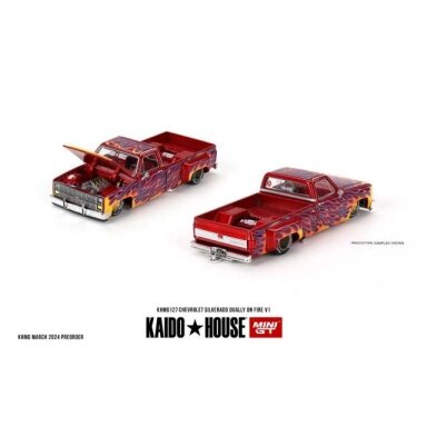 Mini GT Kaido House Modeliukas 1/64 1980 Chevrolet Silverado Dually on Fire V1, red Mini GT Kaido House Modeliukas 1/64 1980 Chevrolet Silverado Dually on Fire V1, red