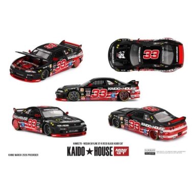 PRE-ORD3R MINI GT Kaido House Modeliukas 1/64 1995 Nissan Skyline GTR (R33) Black Kaido CAT, black/red