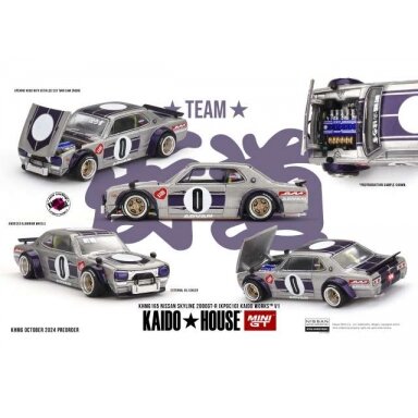 IŠPAKUOTAS!!!   Mini GT Modeliukas 1/64 1969 Nissan Skyline GT-R (KPGC10) Kaido Works V1, silver/purple