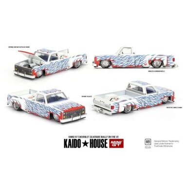 Mini GT Kaido House Modeliukas 1/64 1980 Chevrolet Silverado Dually On Fire V2, white/blue/red Mini GT Kaido House Modeliukas 1/64 1980 Chevrolet Silverado Dually On Fire V2, white/blue/red