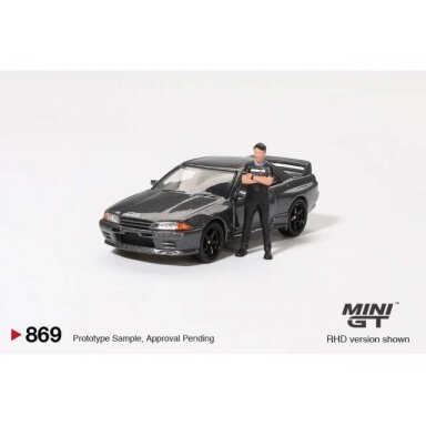 Mini GT Modeliukas 1/64 1992 Nissan Skyline GT-R (R32) Nismo with Tsugio Matsuda Figure, gunmetal Mini GT Modeliukas 1/64 1992 Nissan Skyline GT-R (R32) Nismo with Tsugio Matsuda Figure, gunmetal