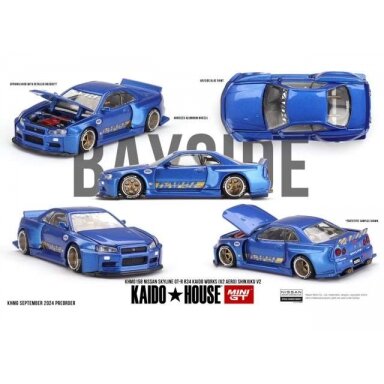 Mini GT Kaido House Modeliukas 1/64 1999 Nissan Skyline GT-R (R34) Kaido Works (V2 AERO) Shinjuku V2, blue (yra Sandėlyje)