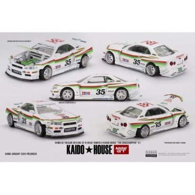 Mini GT Kaido House Modeliukas 1/64 1999 Nissan Skyline GT-R (R34) Tamiya *The Grasshopper* V1, white/green/red (yra Sandėlyje)