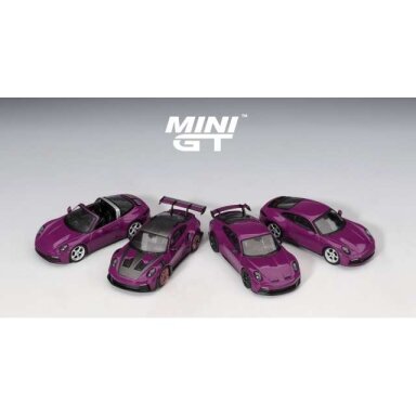 PRE-ORDER MINI GT 1/64 2025 Porsche 911 (992) Rubystone red 4 car set, purple
