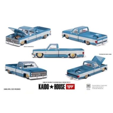 PRE-ORD3R Mini GT Kaido House Modeliukas 1/64 Chevrolet Silverado Dually Vintage Spec V1, blue/white PRE-ORD3R Mini GT Kaido House Modeliukas 1/64 Chevrolet Silverado Dually Vintage Spec V1, blue/white