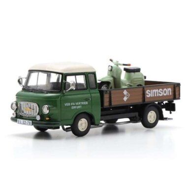 PRE-ORD3R Schuco 1/43 Barkas B1000 with Simson Schwalbe, *Simson Service*, green/brown