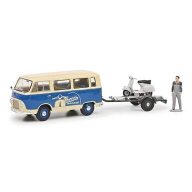 PRE-ORD3R Schuco 1/43 Ford FK1000 + trailer Vespa & figure, blue/creme