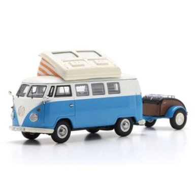 PRE-ORD3R Schuco 1/43 Volkswagen T1 Campingbus + Westfalia trailer, blue/white