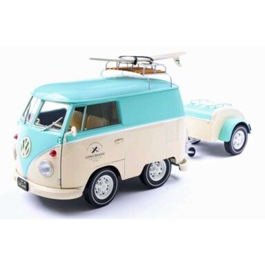PRE-ORD3R Solido 1/18 2024 Volkswagen T1 Kool Kombi with  trailer, mint green/white