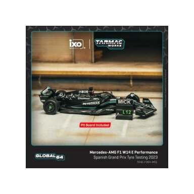 PRE-ORD3R Tarmac Modeliukas 1/64 2023 Mercedes-AMG F1 W14 E Performance Mick Schumacher Spanish Grand Prix Tyre Testing with pit board, black PRE-ORD3R Tarmac Modeliukas 1/64 2023 Mercedes-AMG F1 W14 E Performance Mick Schumacher Spanish Grand Prix Tyre Testing with pit board, black