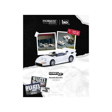 PRE-ORD3R Tarmac Modeliukas 1/64 Porsche 911 GT1, white PRE-ORD3R Tarmac Modeliukas 1/64 Porsche 911 GT1, white
