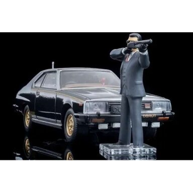 PRE-ORD3R Tomica Limited Vintage Modeliukas 1/64 Movie Stars 03 Seibu Keisatsu Machine X with Keisuke Daimon Figure, black