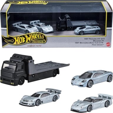 MINI PACK DAMAGE!!!   Hot Wheels Premium Diorama (1997 Porsche 911 GT1 McLaren F1 , 1997 Mercedes-Benz CLK-GTR, Fleet Street)