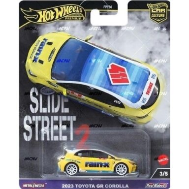 Hot Wheels Premium Slide Street 2 2024 2023 Toyota Corolla GR, yellow/blue 3/5