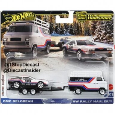 Hot Wheels Premium Team Transport DeLorean DMC12 & Rally Van on a Hauler