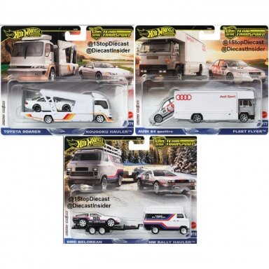 Hot Wheels Premium Team Transport (Toyota Soarer,Japan Double Decker,Audi S4 Quattro,DeLorean DMC12 & Rally Van)
