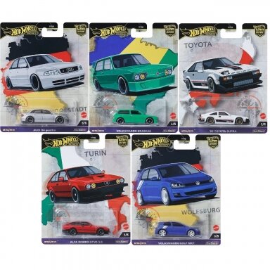 Hot Wheels Premium World Tour Car Culture Modeliukų rinkinys (Volkswagen Golf MK7,Alfa Romeo GTV 6,Audi S4 Quattro,Volkswagen Brasilia,1982 Toyota Supra) Hot Wheels Premium World Tour Car Culture Modeliukų rinkinys (Volkswagen Golf MK7,Alfa Romeo GTV 6,Audi S4 Quattro,Volkswagen Brasilia,1982 Toyota Supra)