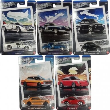 Hot Wheels Silverline National Icons (Ford GT-40,1960 Fiat 500D,1971 Nissan Skyline 2000,Jaguar Lightweight,1967 Porsche 911 R)