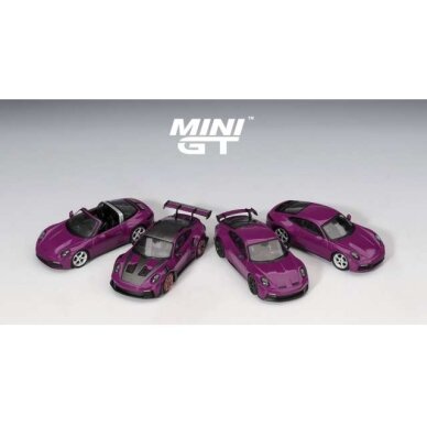 PRE-ORDER MINI GT Modeliukas 1/64 2025 Porsche 911 (992) Rubystone red 4 car set, purple PRE-ORDER MINI GT Modeliukas 1/64 2025 Porsche 911 (992) Rubystone red 4 car set, purple