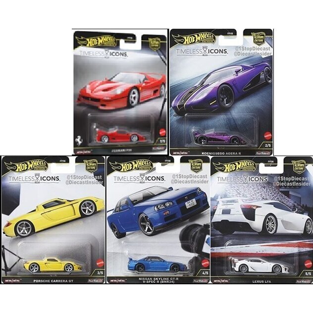 Hot Wheels Premium Timeless Icons Modeliukų rinkinys (Ferrari F50,Lexus LFA,Porsche Carrera GT,Nissan Skyline R34 GTR,Koenigsegg Agera R) Hot Wheels Premium Timeless Icons Modeliukų rinkinys (Ferrari F50,Lexus LFA,Porsche Carrera GT,Nissan Skyline R34 GTR,Koenigsegg Agera R)