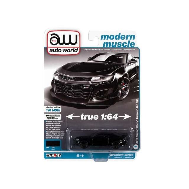 PRE-ORD3R Auto World Modeliukas 2019 NICKEY Chevrolet Camaro ZL1 1LE, gloss black with flat black side stipes & NICKEY Logo