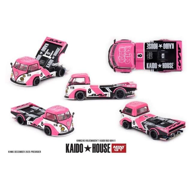 PRE-ORD3R Mini GT Kaido House 1/64 1972 Volkswagen T1 Kaido Rad Van V1, pink/white