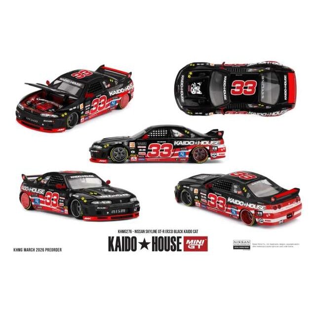 PRE-ORD3R MINI GT Kaido House Modeliukas 1/64 1995 Nissan Skyline GTR (R33) Black Kaido CAT, black/red
