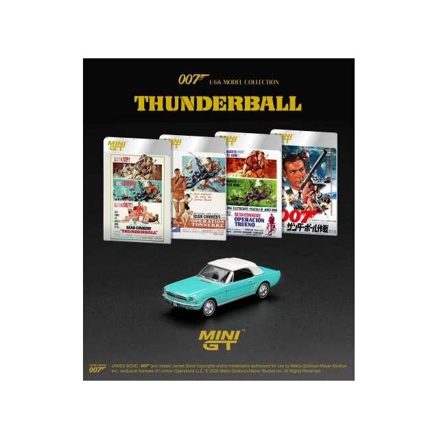 MINI GT Modeliukas 1/64 1965 Ford Mustang Convertible *Thunderball* English Blister Packaging, turquois MINI GT Modeliukas 1/64 1965 Ford Mustang Convertible *Thunderball* English Blister Packaging, turquois