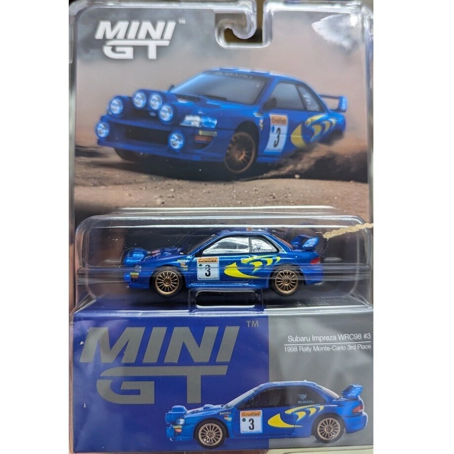 Mini GT 1/64 1998 Subaru Impreza WRC98 #3 Rally Monte-Carlo 3rd Place, blue/yellow